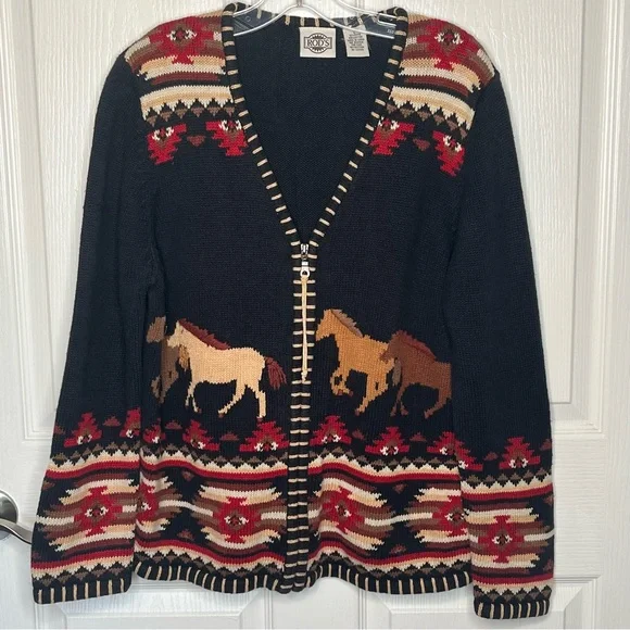 Rods Horse Print Zip Up Cardigan Sweater Womens Sz L Western Country Ranch - Picture 12 of 12